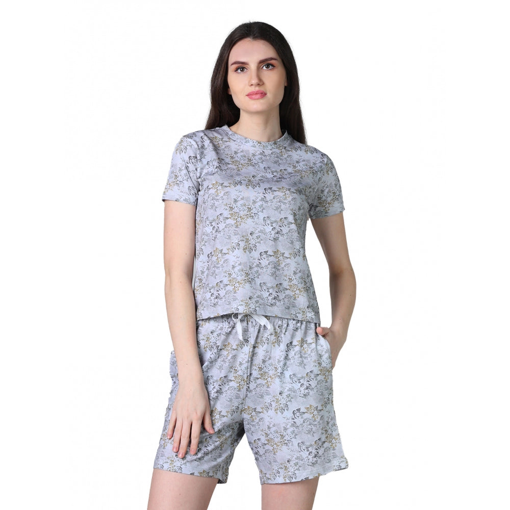 Women's Cotton Blended Printed Round Neck Half Sleeve Top — Grey · ry_L