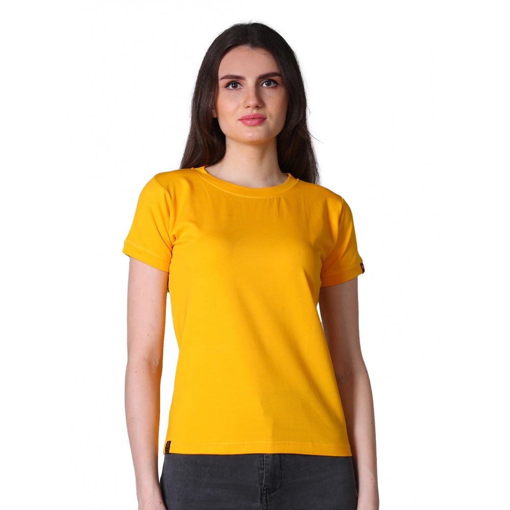 Women's Cotton Blended Solid Round Neck Half Sleeve T-Shirt — Mustard