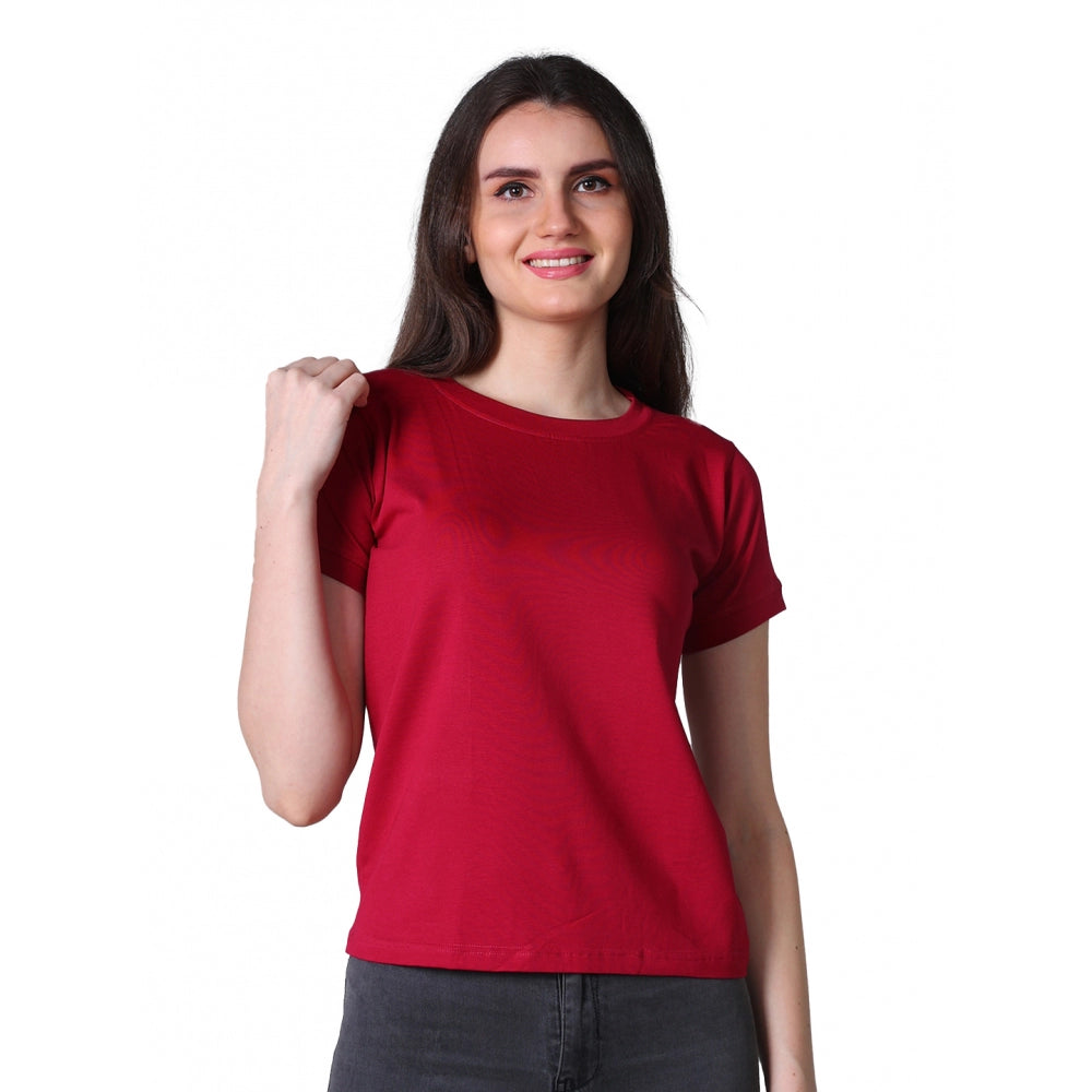 Women's Cotton Blended Solid Round Neck Half Sleeve T-Shirt — Maroon
