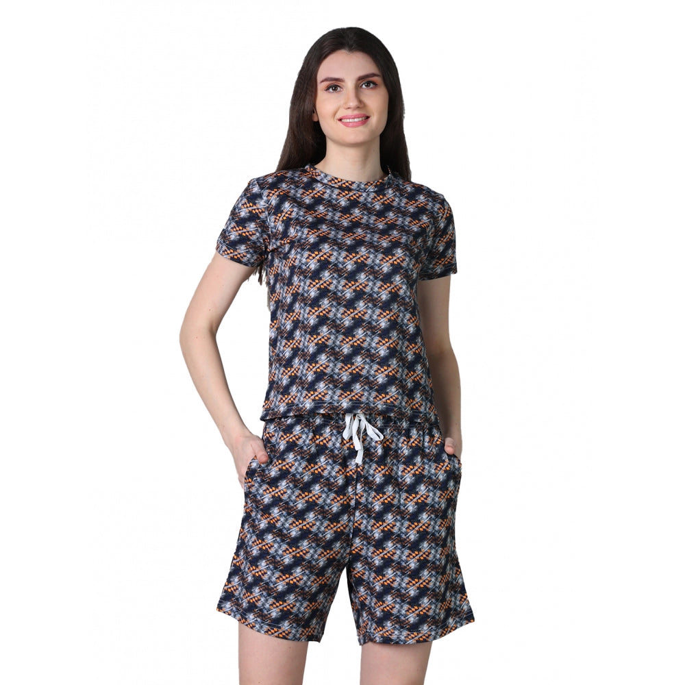 Women's Cotton Blended Printed Round Neck Half Sleeve Top — Blue-Brown