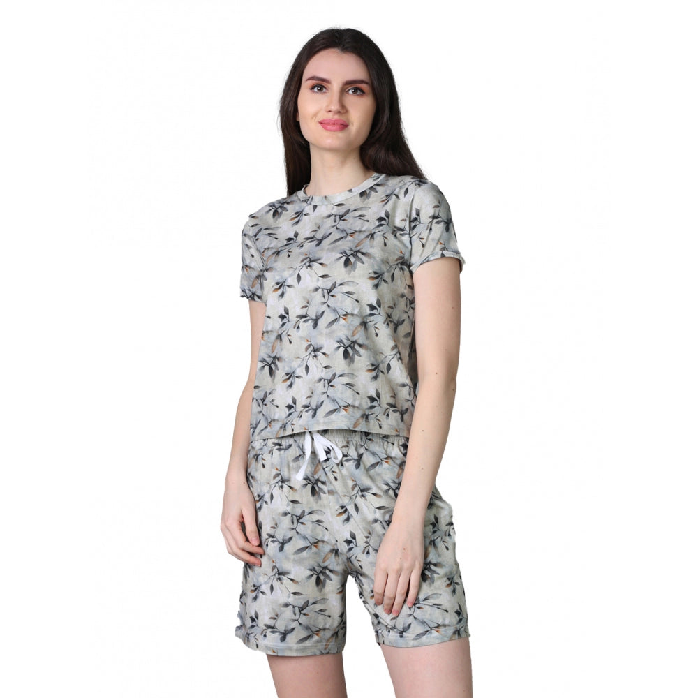 Women's Cotton Blended Printed Round Neck Half Sleeve Top — Grey · dr_L
