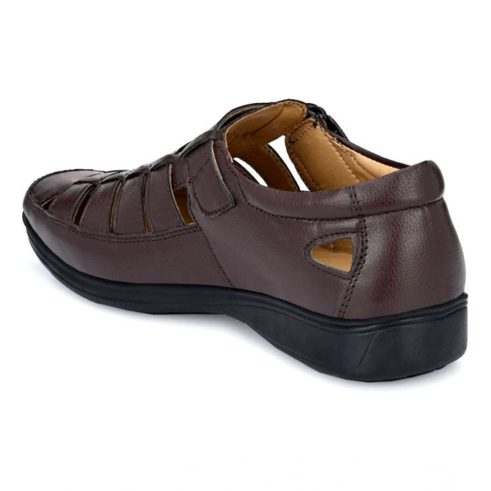 Men's Casual Faux Leather Solid Velcro Sandal — Brown