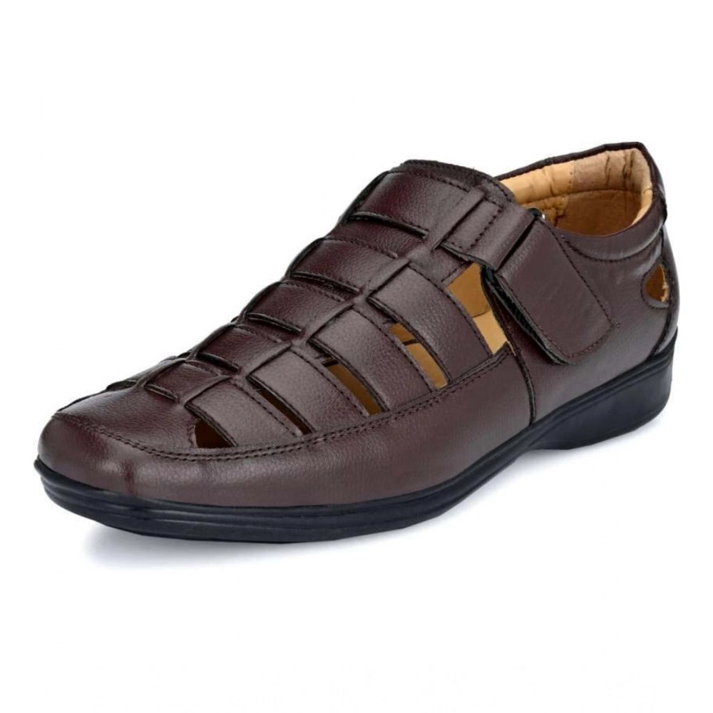 Men's Casual Faux Leather Solid Velcro Sandal — Brown