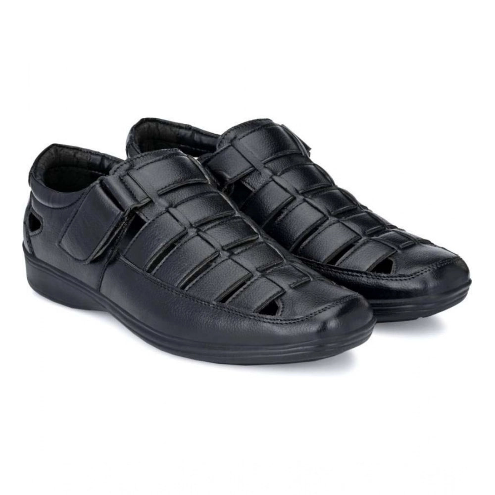 Men's Casual Faux Leather Solid Velcro Sandal — Black