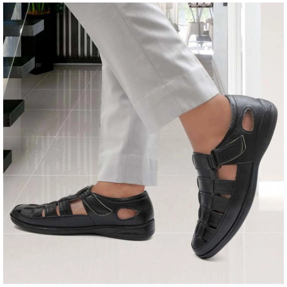 Men's Casual Faux Leather Solid Velcro Sandal — Black