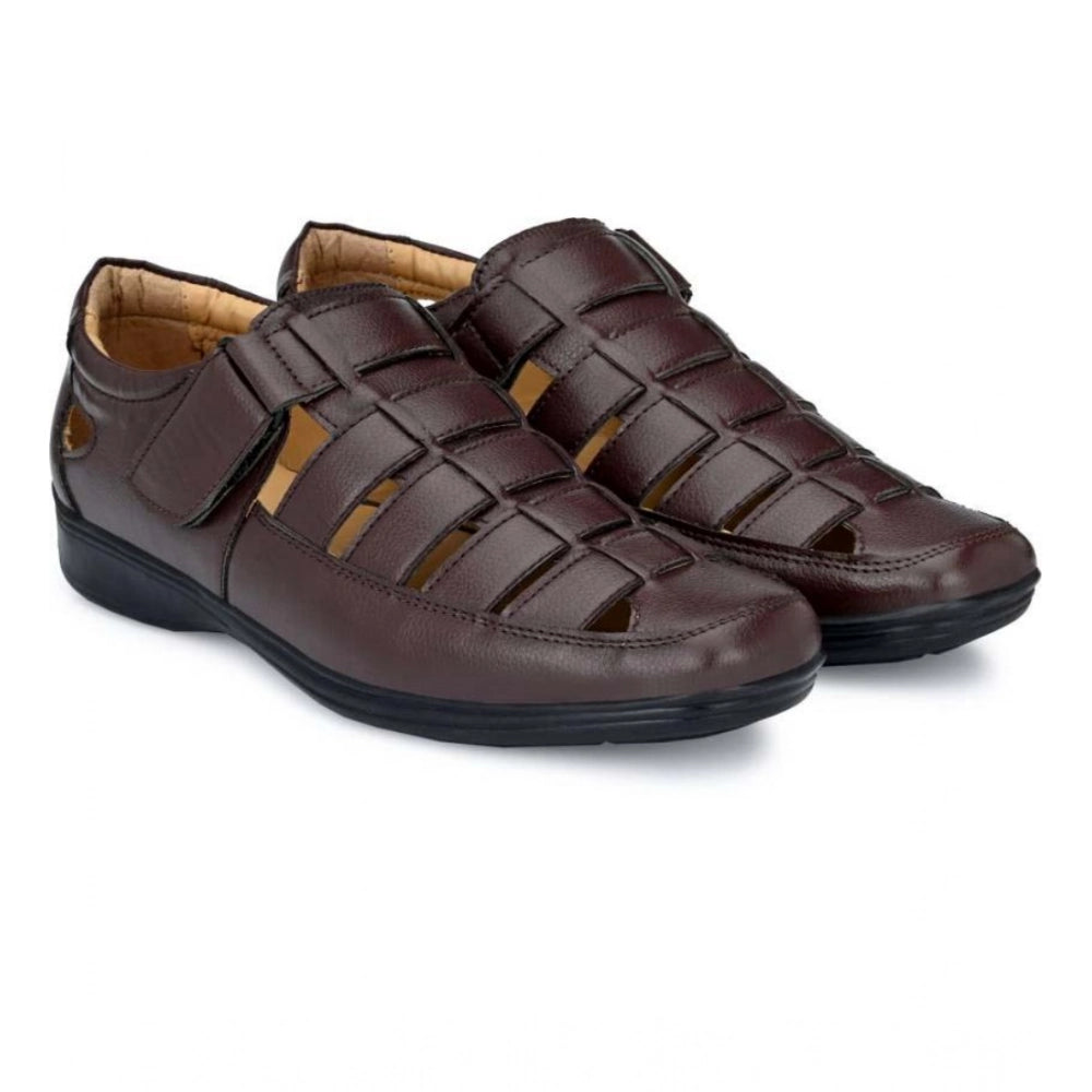 Men's Casual Faux Leather Solid Velcro Sandal — Brown