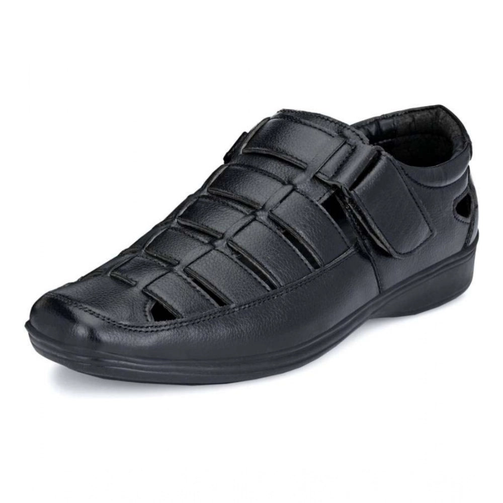 Men's Casual Faux Leather Solid Velcro Sandal — Black