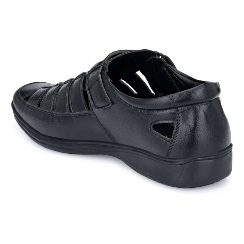 Men's Casual Faux Leather Solid Velcro Sandal — Black