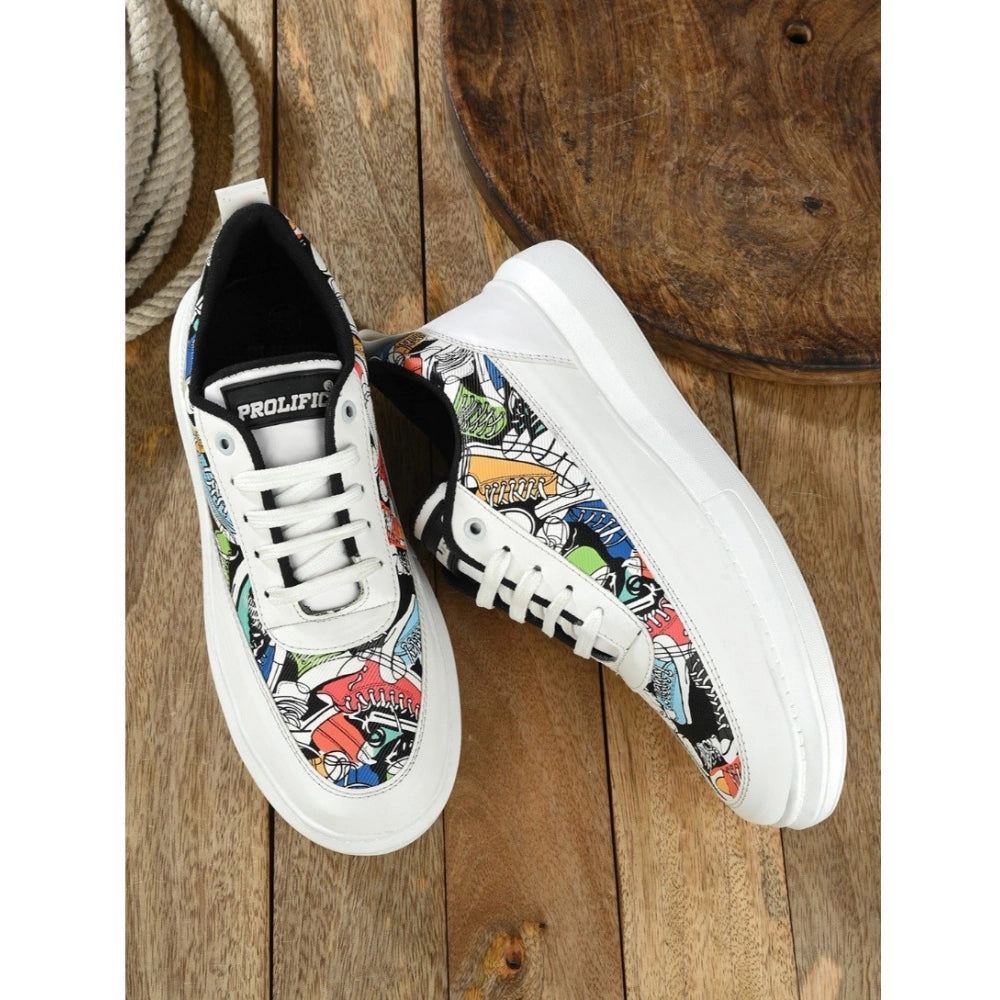 Men's Casual Synthetic Printed Lace-Up Shoes — White