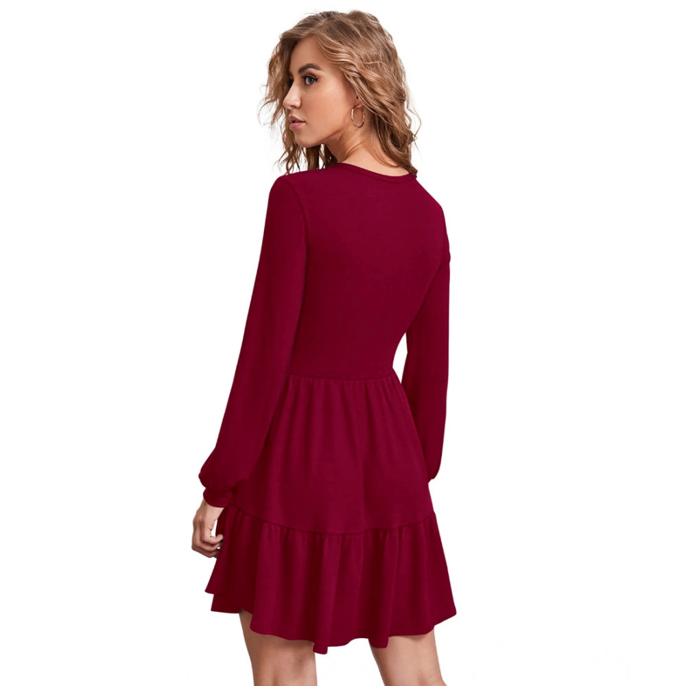 Women's Knitting Stretchable Solid Round Neck Full Sleeve Dress — Maroon · on_L