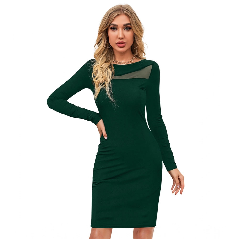 Women's Knitting Stretchable Solid Round Neck Full Sleeve Dress — Green · rn_L