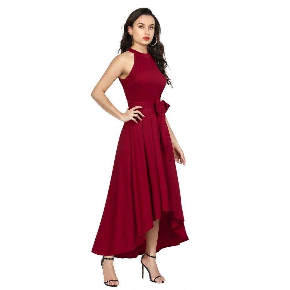 Women's Polyster Solid Halter Neck Sleeveless Dress — Maroon