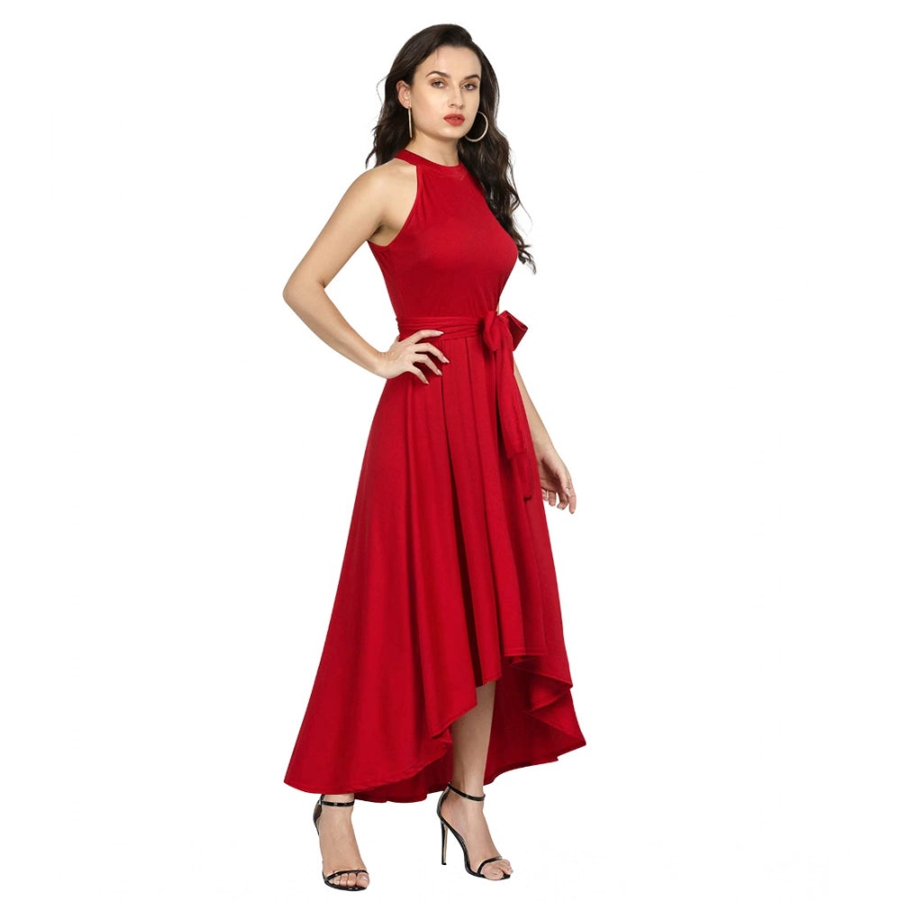 Women's Polyster Solid Halter Neck Sleeveless Dress — Red