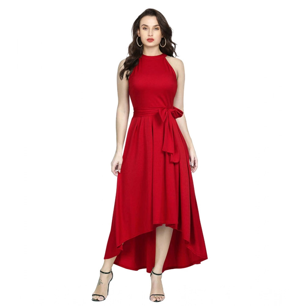 Women's Polyster Solid Halter Neck Sleeveless Dress — Red