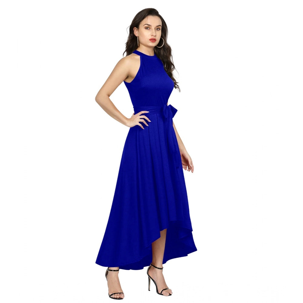 Women's Polyster Solid Halter Neck Sleeveless Dress — Royal Blue
