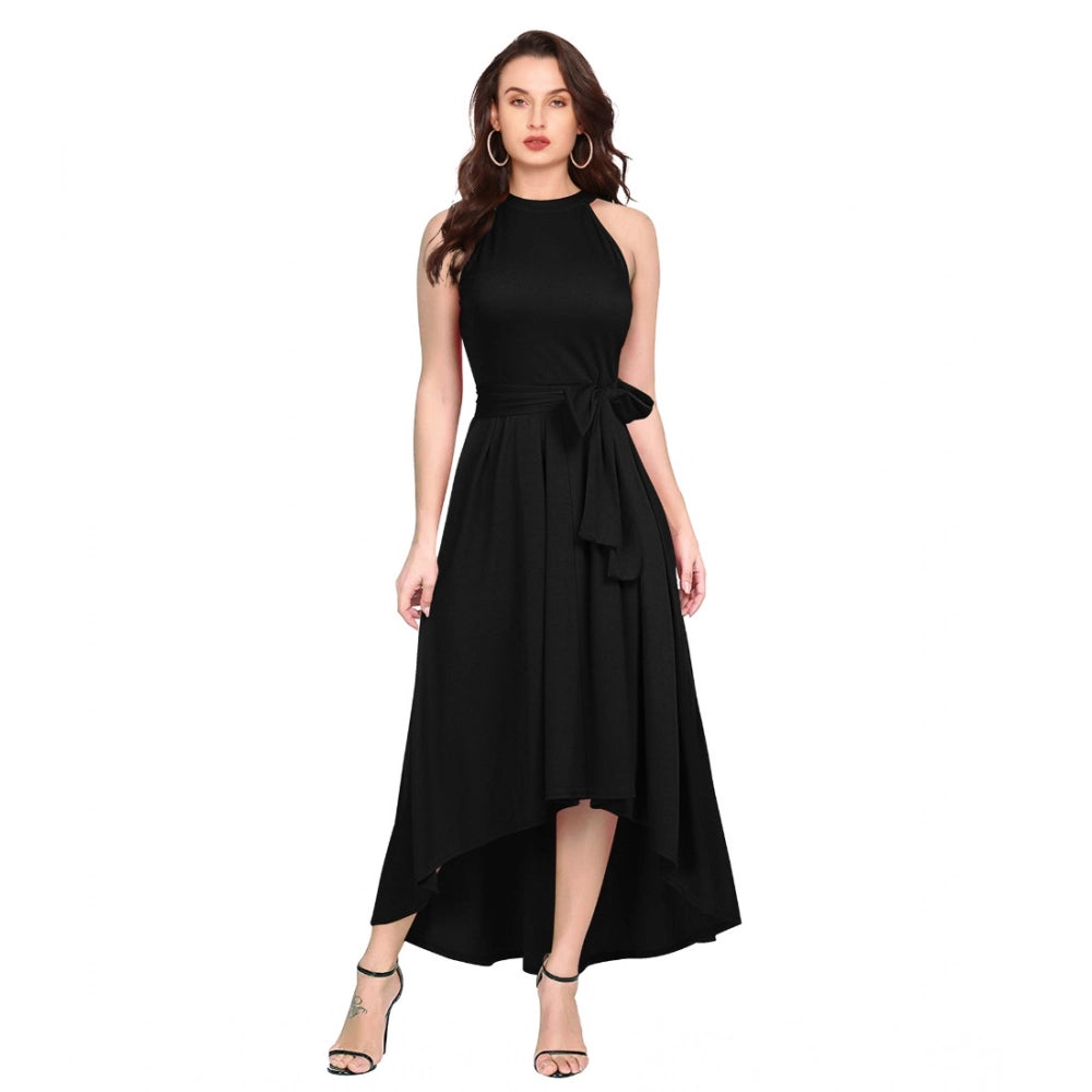 Women's Polyster Solid Halter Neck Sleeveless Dress — Black
