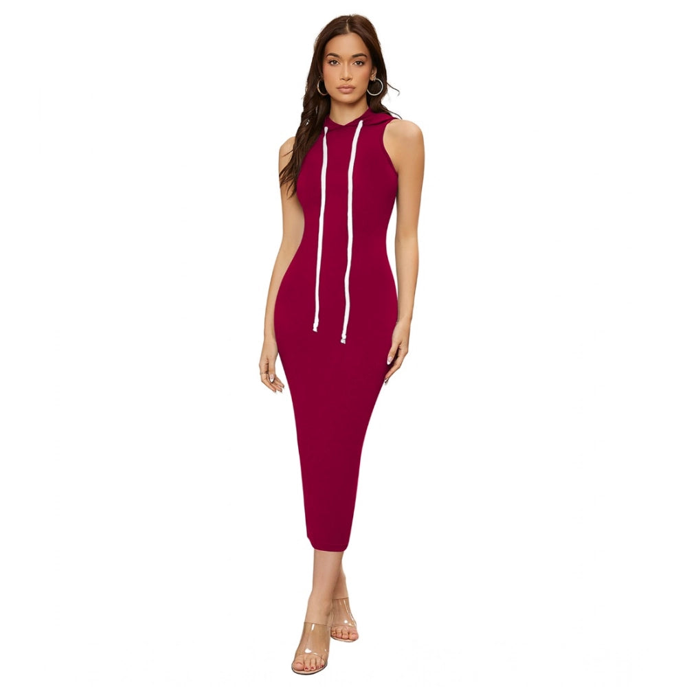 Women's Knitting Stretchable Solid Round Neck Sleeveless Dress — Maroon · on_L