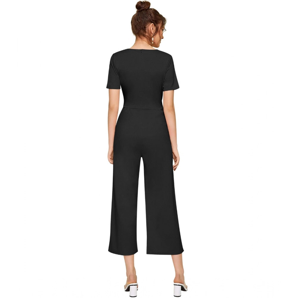 Women's Knitting Stretchable Solid Round Neck Cap Sleeve Jumpsuit — Black