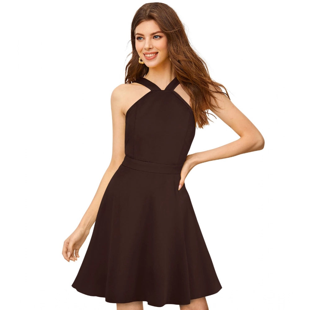 Women's Knitting Stretchable Solid Halter Neck Sleeveless Dress — Coffee