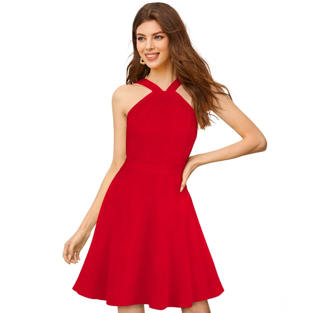Women's Knitting Stretchable Solid Halter Neck Sleeveless Dress — Red