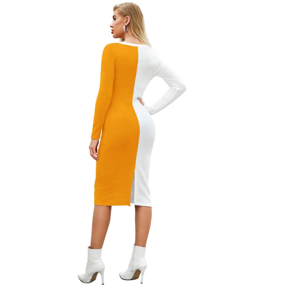Women's Knitting Stretchable Solid Round Neck Full Sleeve Dress — Yellow · lw_L