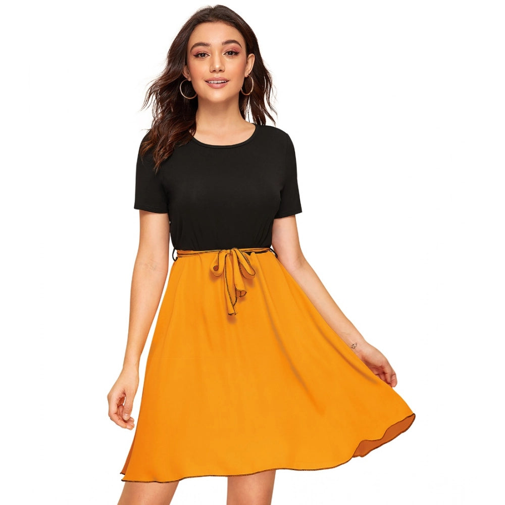 Women's Knitting Stretchable Solid Round Neck Cap Sleeve Dress — Yellow