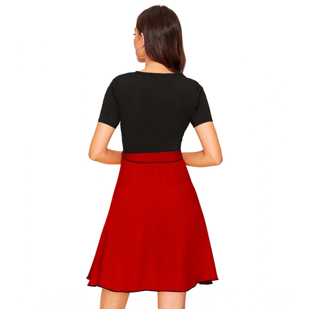 Women's Knitting Stretchable Solid Round Neck Cap Sleeve Dress — Red