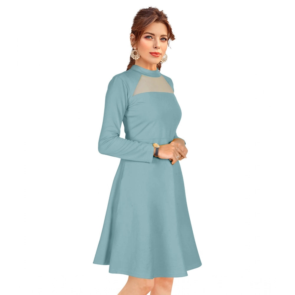 Women's Knitting Stretchable Solid Round Neck Full Sleeve Dress — Pista · ta_L