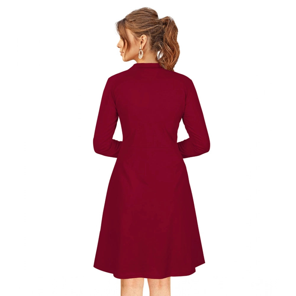 Women's Knitting Stretchable Solid Round Neck Full Sleeve Dress — Maroon · on_L