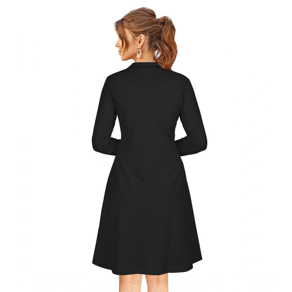 Women's Knitting Stretchable Solid Round Neck Full Sleeve Dress — Black · lk_L