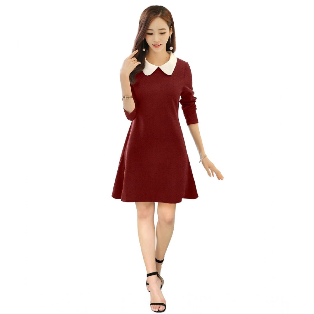 Women's Solid Collar 3-4th Dress — Maroon