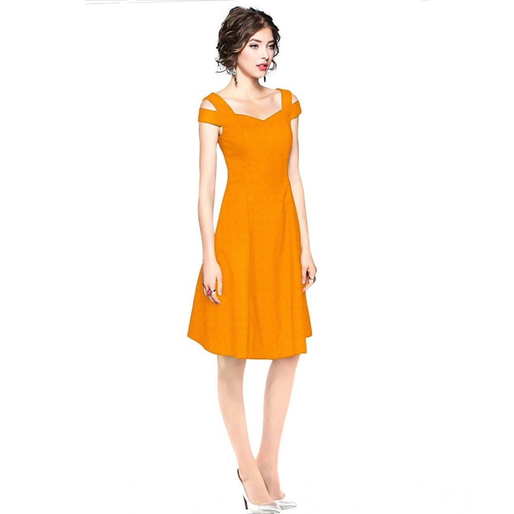 Women's Solid V Neck Cap Sleeve Off Shoulder Dress — Yellow