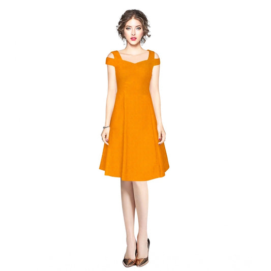 Women's Solid V Neck Cap Sleeve Off Shoulder Dress — Yellow