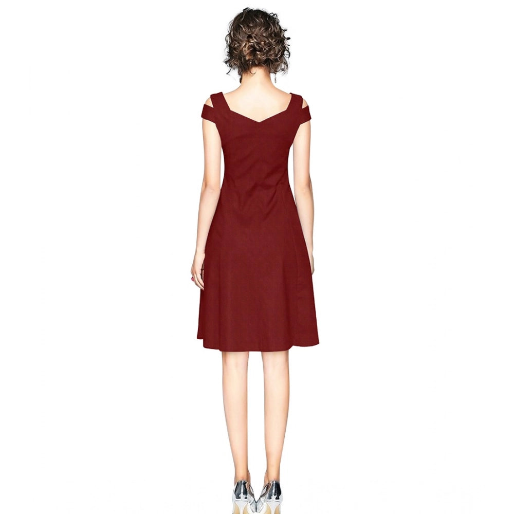 Women's Solid V Neck Cap Sleeve Off Shoulder Dress — Maroon