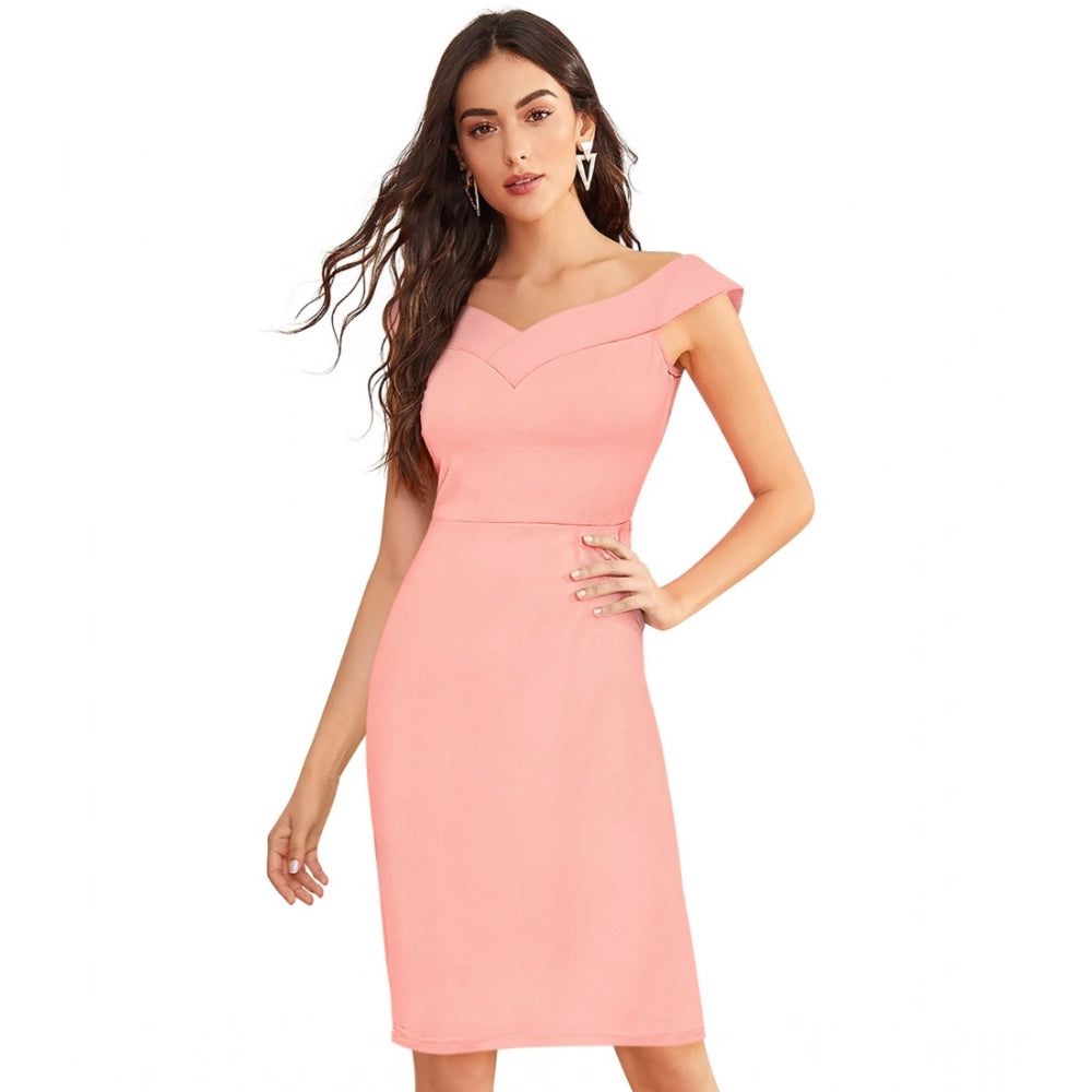 Women's Knitting Stretchable Solid Round Neck Sleeveless Dress — Peach