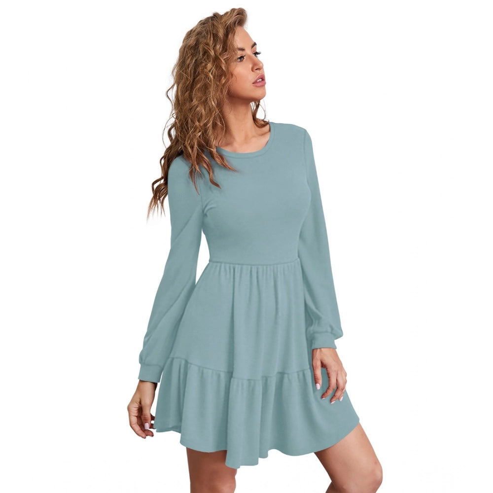 Women's Knitting Stretchable Solid Round Neck Full Sleeve Dress — Pista · ta_L
