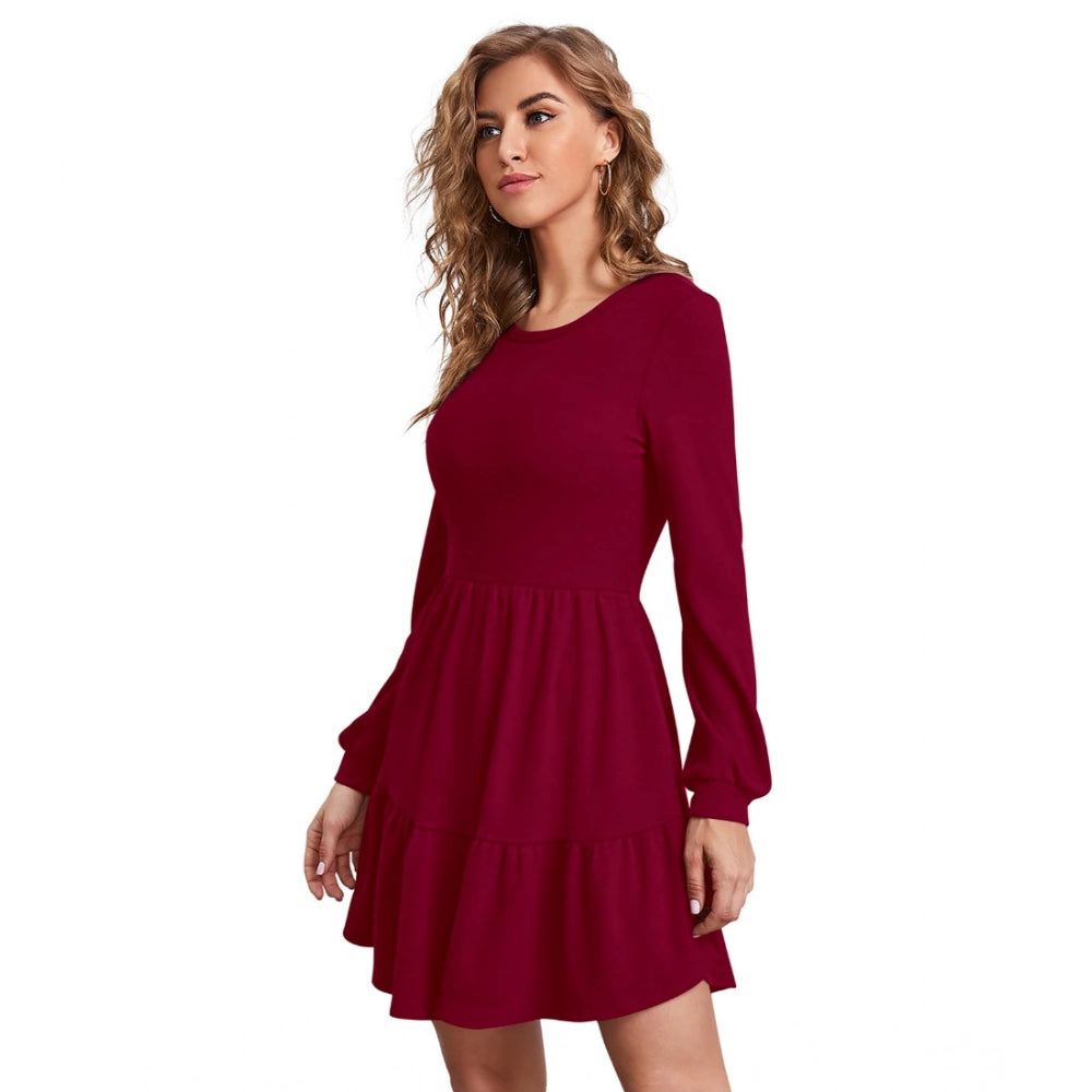 Women's Knitting Stretchable Solid Round Neck Full Sleeve Dress — Maroon · on_L