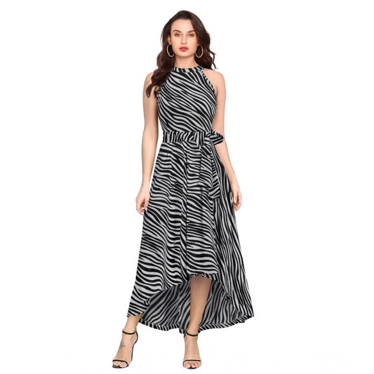 Women's Zebra Pattern Halter Neck Sleeveless Dress — Navy Blue