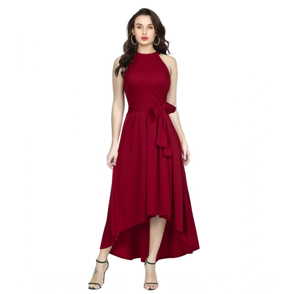 Women's Polyster Solid Halter Neck Sleeveless Dress — Maroon