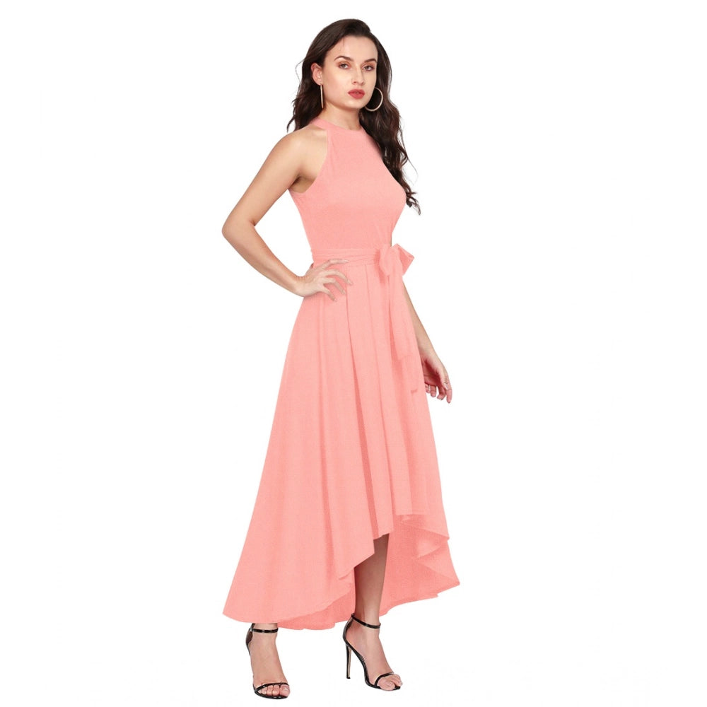 Women's Polyster Solid Halter Neck Sleeveless Dress — Peach
