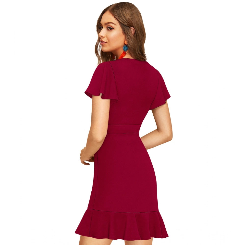 Women's Knitting Stretchable Solid V Neck Flaired Sleeve Dress — Maroon