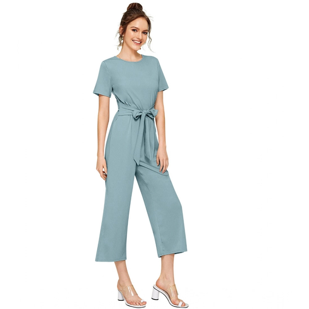 Women's Knitting Stretchable Solid Round Neck Cap Sleeve Jumpsuit — Pista