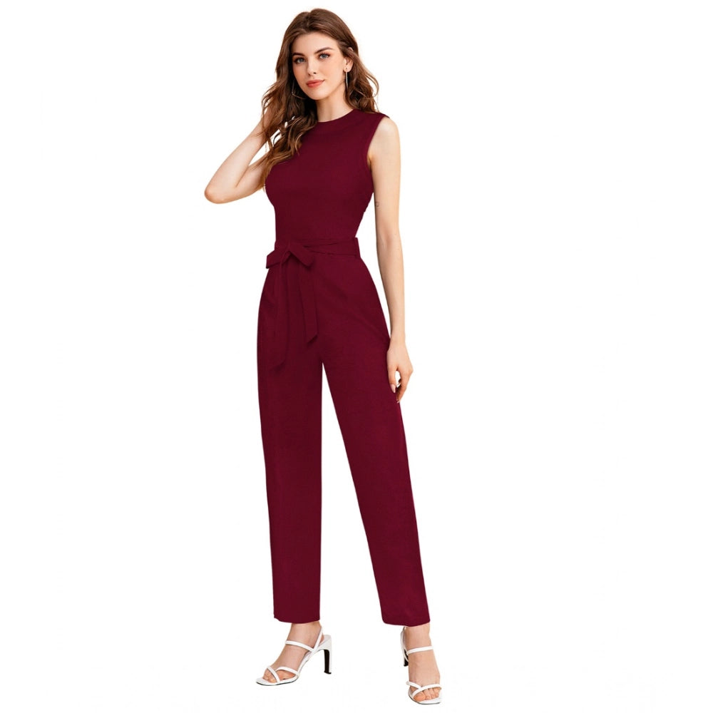 Women's Knitting Stretchable Solid Round Neck Sleeveless Jumpsuit — Maroon