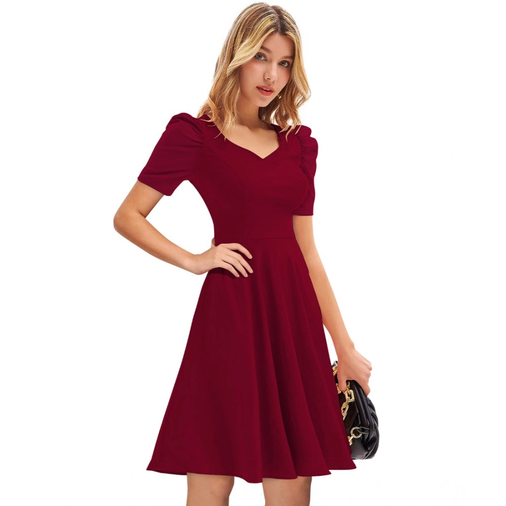 Women's Knitting Stretchable Solid V Neck Cap Sleeve Dress — Maroon