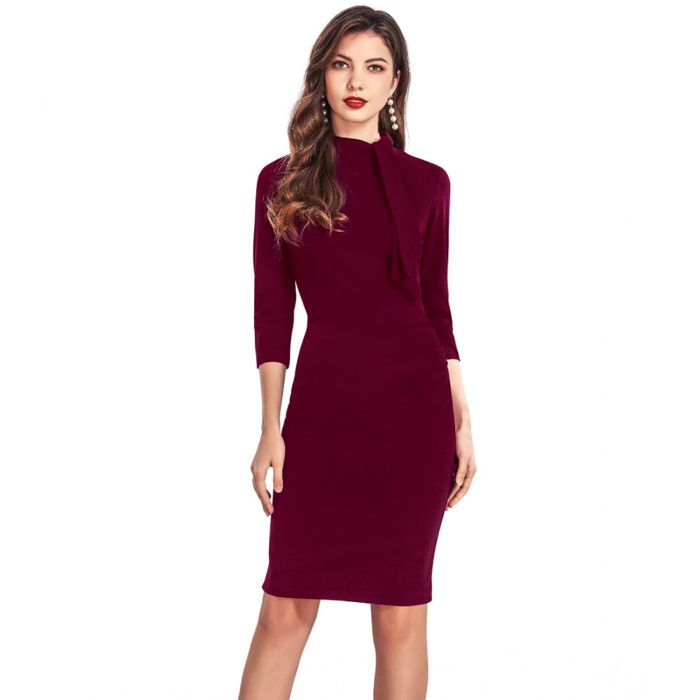 Women's Knitting Stretchable Solid Round Neck 3-4th Dress — Maroon