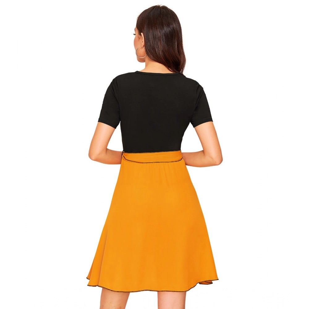 Women's Knitting Stretchable Solid Round Neck Cap Sleeve Dress — Yellow