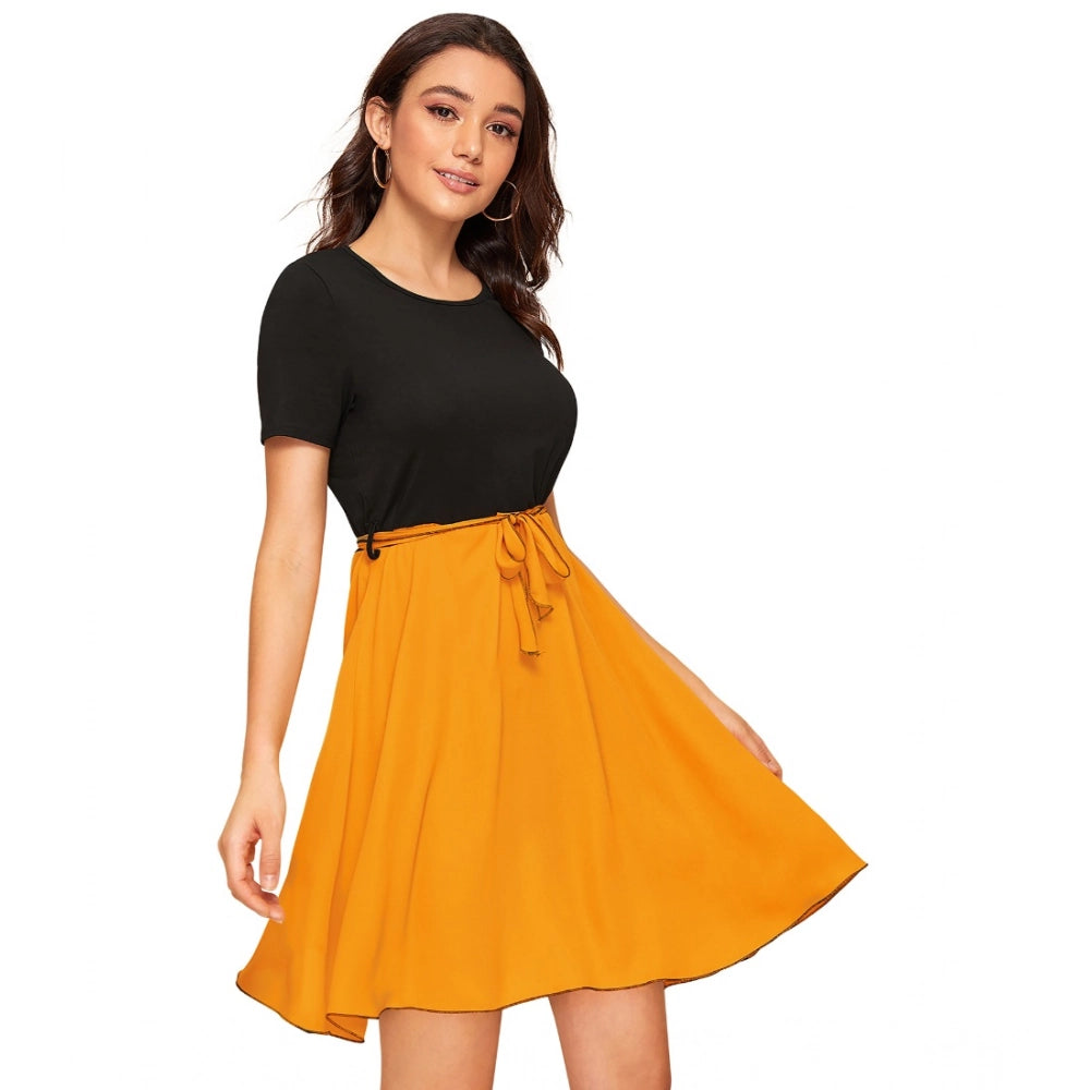 Women's Knitting Stretchable Solid Round Neck Cap Sleeve Dress — Yellow
