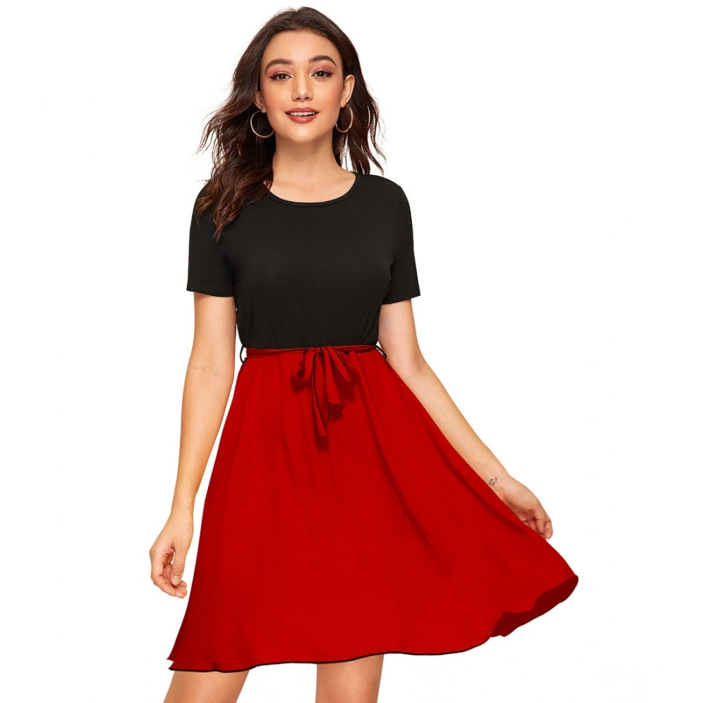 Women's Knitting Stretchable Solid Round Neck Cap Sleeve Dress — Red