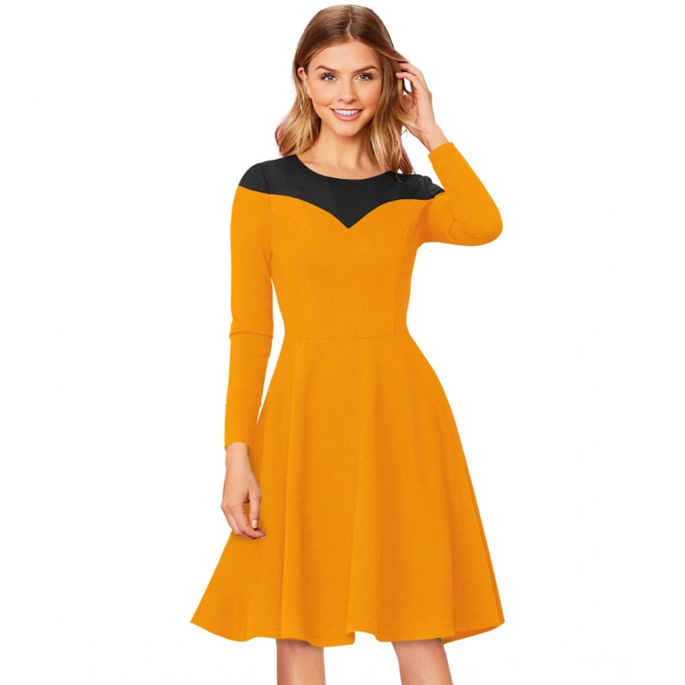Women's Knitting Stretchable Solid Round Neck Full Sleeve Dress — Yellow · lw_L