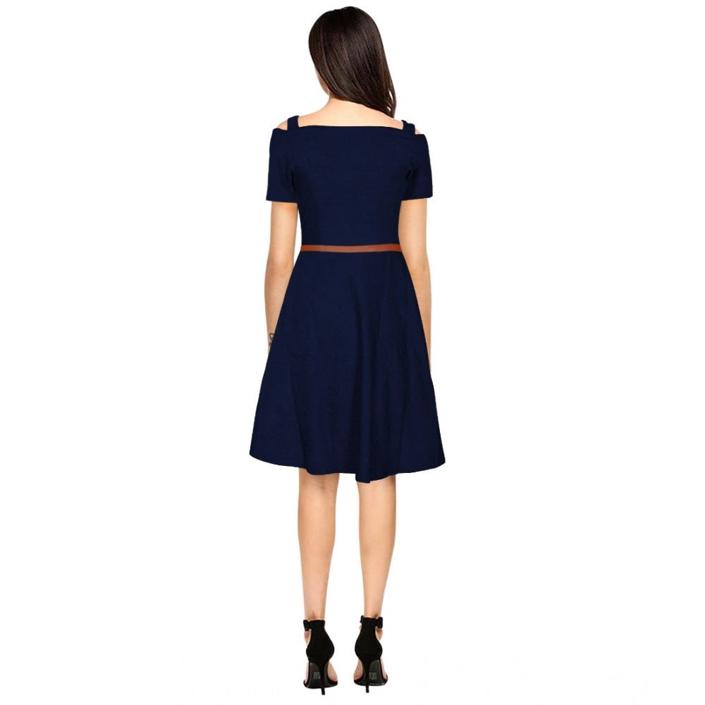 Women's Solid V Neck Cap Sleeve Dress — Blue